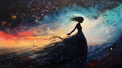 Silhouette of a woman in a long dress standing in the wind against a dark cosmic landscape