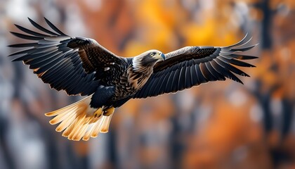 Wall Mural - Majestic hawk in flight against a vibrant autumn backdrop, embodying the spirit of wild nature in dynamic motion