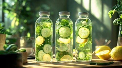 Wall Mural - Refreshing Detox Water with Cucumber, Lemon, and Mint in Glass Bottles on Sunlit Table