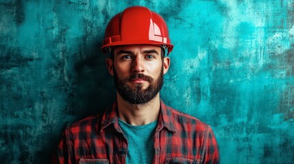 Construction worker wearing a red hard hat poses against a blue backdrop