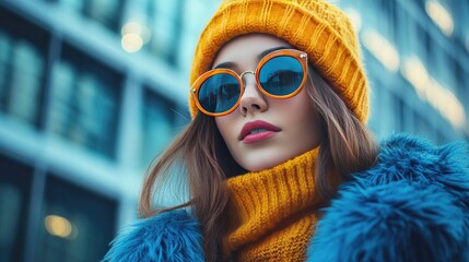 Stylish Woman Wearing Orange Beanie and Sunglasses in Urban Winter Fashion Portrait