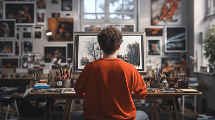 3D rendering of a man looking inspired, with a canvas and art supplies around him in a studio setting.