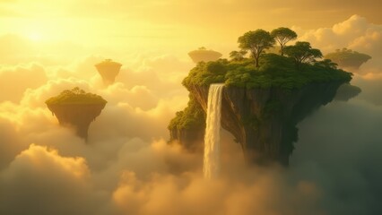 A serene waterfall cascades from a floating island surrounded by golden clouds during a tranquil sunset. Generative AI