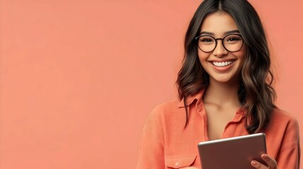 smiling young hispanic woman wearing glasses and holding a tablet. isolated on a peach background. a