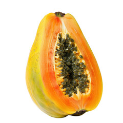 A ripe papaya fruit cut in half, showcasing vibrant orange flesh and numerous black seeds on a white background.