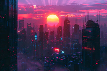 A cityscape with a large red sun in the sky, generative ai image,