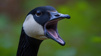 A goose is making a loud noise with its beak open. The goose is black and white