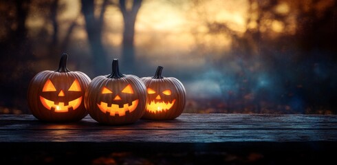 A spooky forest sunset with a haunted evil glowing eyes of Jack O' Lanterns on the left of a wooden bench on a scary halloween night.