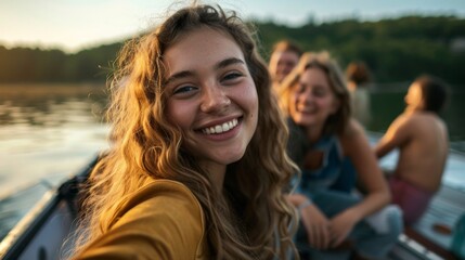 beautiful woman smiling at the camera on vacation at a river or beach