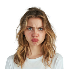 Upset young woman with arms crossed expressing frustration and displeasure, wearing a white shirt against a white background.