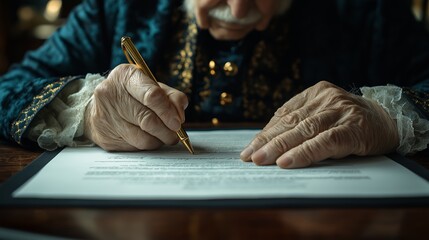 a man in a blue costume is writing on a piece of paper with a pen. concept of formality and importan