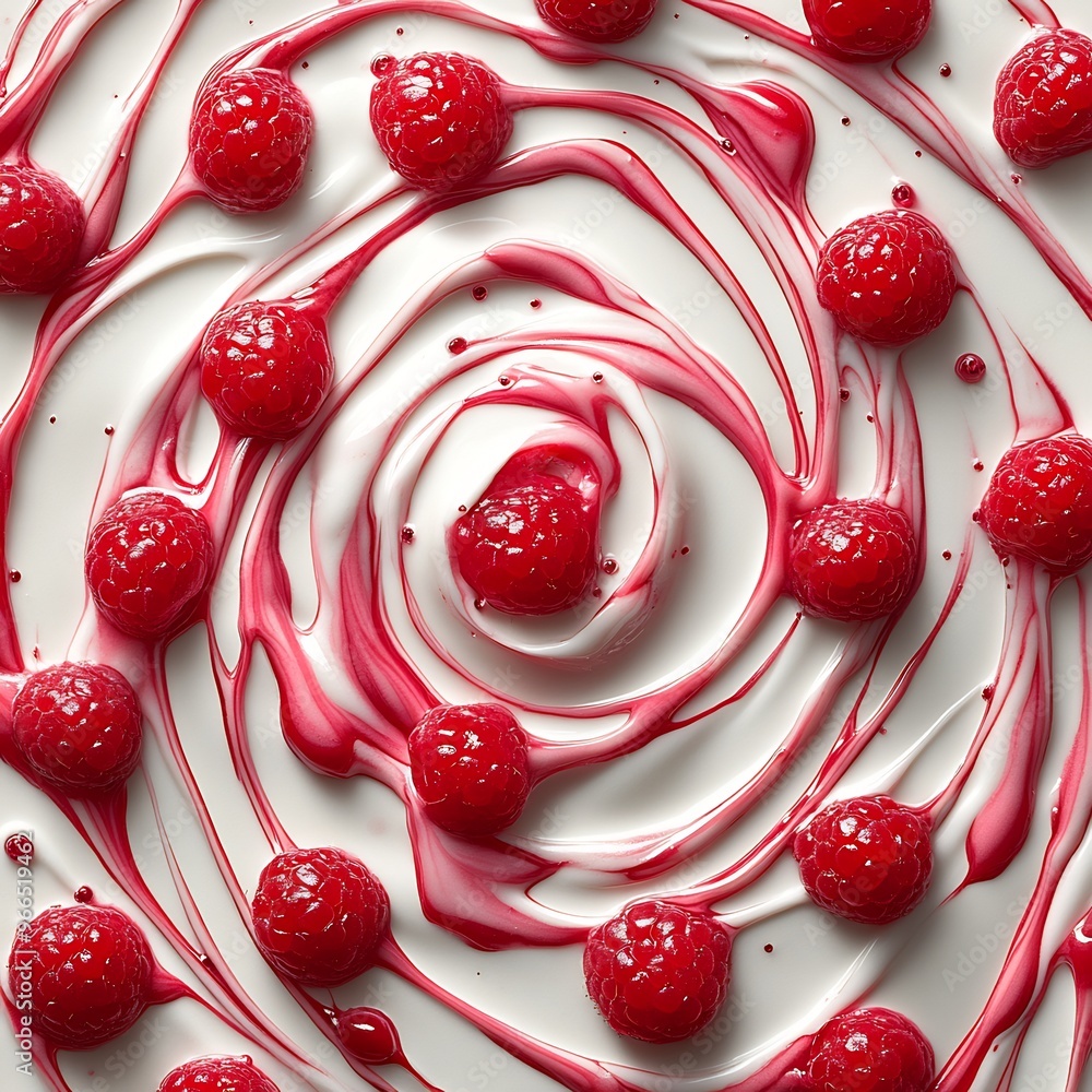 Swirl of raspberry sauce drizzled across a white background creating a ...