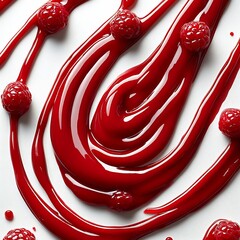 Swirl of raspberry sauce drizzled across a white background creating a bold and sweet pattern