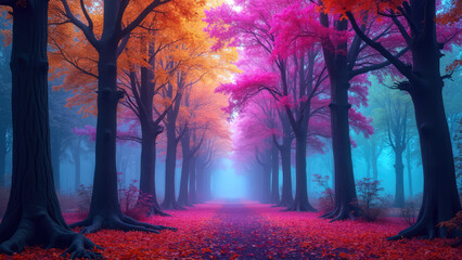 A serene autumn forest path with vibrant orange and pink trees shrouded in mist during early morning light. Generative AI