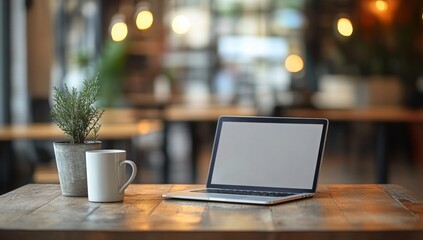 Front view laptop on white table. Nearby is document paper, pencil holder. In modern office workplace.