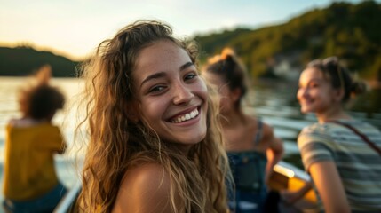 beautiful woman smiling at the camera on vacation at a river or beach