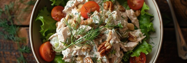 Poster - Chicken salad placed on a variety of greens, complemented by grape tomatoes and toasted walnuts, garnished with fresh dill and a dusting of hibiscus petal powder.