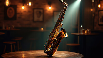 A saxophone illuminated by soft light in a cozy bar during a jazz performance at night. Generative AI