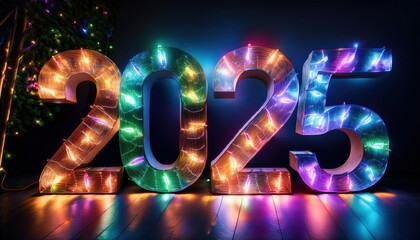 A close up of a lighted sign that says 2025, new year