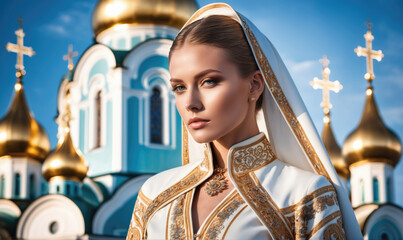 A woman in traditional Ukrainian dress stands in front of a beautiful church in Kyiv