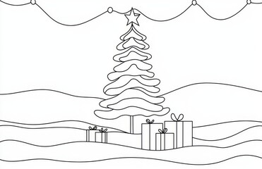 Wall Mural - The Christmas pine fir tree is drawn continuously in one line.