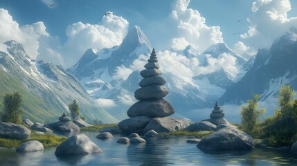 Serenity: Tranquil Mountain Lake with Stone Cairns