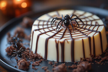 A round white cake adorned with an intricate spiderweb design made of rich chocolate, featuring a realistic fake spider resting on the web, ideal for Halloween parties or spooky celebrations