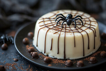 A delicious round white cake featuring smooth white icing elegantly topped with a chocolate spiderweb design and a small plastic spider. Surrounding the cake are festive chocolate sprinkles