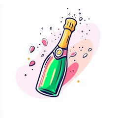 Wall Mural - One-line continuous drawing of champagne bottle. Champagne is opening with splash in line art style. Design for holiday or victory. Png on transparent background.