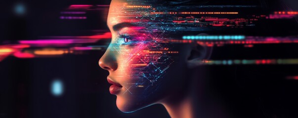 Aufkleber - Digital abstract image of a woman's face with neon light effects and futuristic concept
