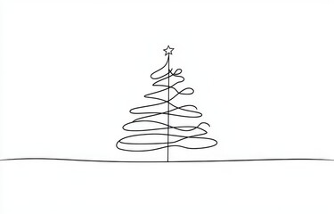 Wall Mural - one line continuous drawing of a christmas tree with stars, garland, and decorations. hand drawn on 