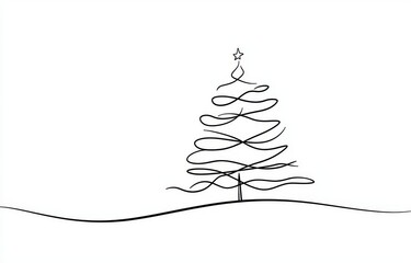 Wall Mural - Drawing of continuous one line Christmas tree with star, garland, and decorations. Hand drawn Christmas tree isolated on white background. Linear style. Modern illustration.