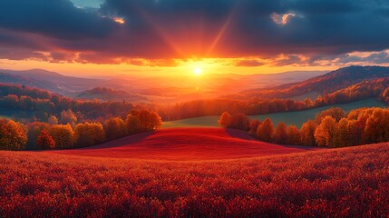 Wall Mural - vibrant sunset over a field of autumn leaves with rolling hills in the background.