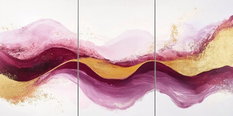 Wall Mural - Abstract triptych artwork featuring flowing waves in pink and gold.