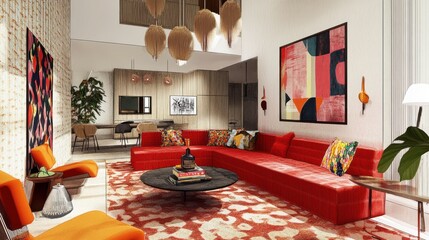 Wall Mural - Modern Living Room Interior Design with Red Sofa and Abstract Art