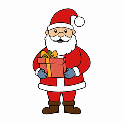 santa claus holding a gift-wrapped present on white background, vector illustration cartoon