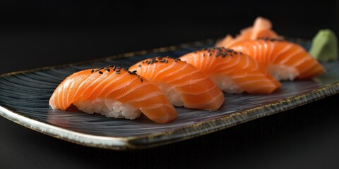 Salmon sushi beautifully arranged on a plate