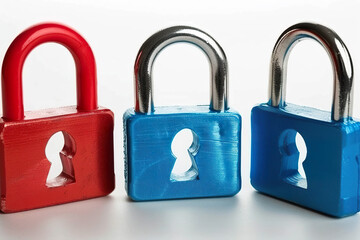 Three padlocks in different colors, red, blue and silver, on a white background, representing the concept of protection and security. Generated with AI.