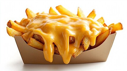 French fries covered with melted cheese sauce in a cardboard container