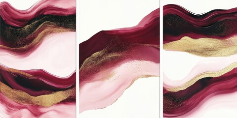 Wall Mural - Abstract art featuring flowing waves of pink, burgundy, and gold.