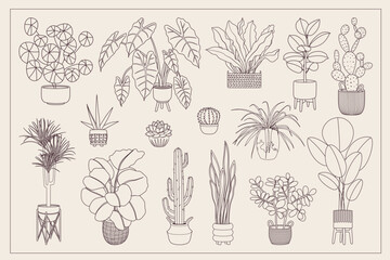 Potted plant outline icon set. Line art indoor house plants in flowerpots. Doodle sketch house plants in pots for home decor. Botanical vector illustration for cards, banners, web design, and posters.