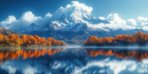 Majestic Snow-capped Mountain Peak Reflecting in a Calm Lake with Autumnal Trees