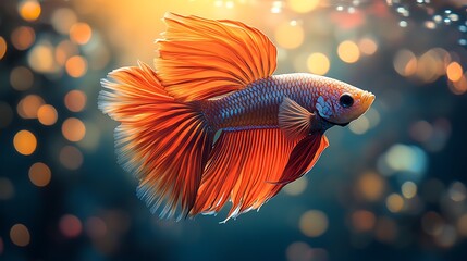 Wall Mural - A vibrant orange and blue Betta fish with flowing fins swims against a background of sparkling bokeh.