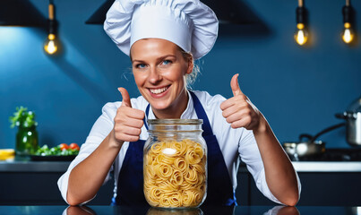 A happy chef gives two thumbs up while standing in a kitchen with a jar of pasta in front of her