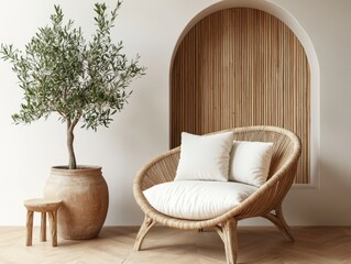 A white wicker chair is placed in front of a large potted olive tree. The chair is surrounded by a white pillow and a vase. The room has a warm and inviting atmosphere