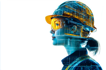 Futuristic construction worker's face overlaid with digital architecture, high-tech ambiance