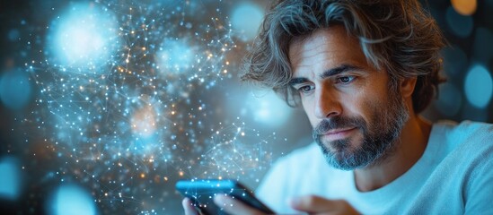 Man using a smartphone with a digital network background