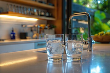 Refreshing moments captured in a modern kitchen showcasing two glasses of ice-cold water beside a sleek faucet on a sunny day