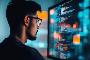 a programmer working on coding with digital data displayed on screens