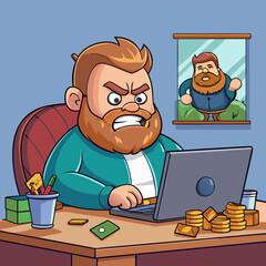 fat bearded guy anger over laptop with money on table, vector illustration cartoon